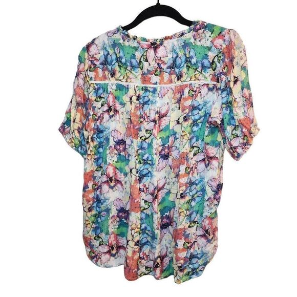 Intro Smocked Floral Rayon Short Sleeve Vibrant Top Size Small - Picture 8 of 8